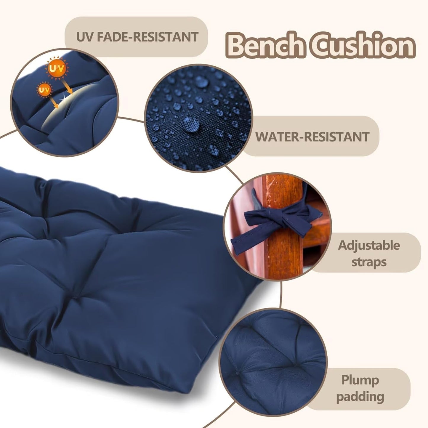 59 inch Waterproof Indoor/Outdoor Garden Bench Seat Cushions,Thicken Patio Bench Soft Rocking Chairs Pad Lounger Seat for Porch Wicker Loveseat Settee (59x19.6x3.9 inch,Navy