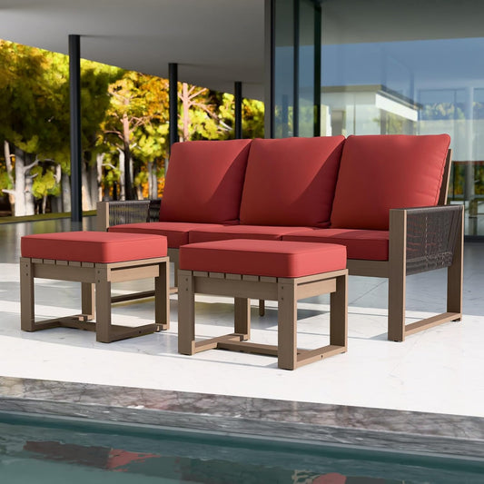 EAGLE PEAK Natural Wood Outdoor Patio Furniture, Cedar Furniture, Conversation Set, Outdoor Seating for Deck Patio Porch, Sofa & Ottomans, 3 Pieces, Brown/Red