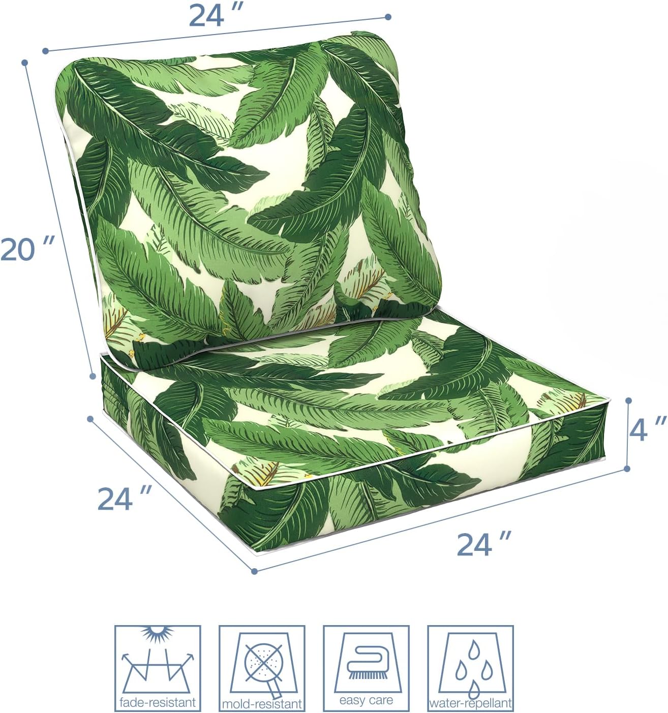 LVTXIII Outdoor Deep Seat Cushion 24"x24"x4" Patio Seat and Back Cushion Set Seasonal Chair Cushion for Dining Arm Chairs, Wicker Chairs and Garden Furniture Decoration, Swaying Palms Green