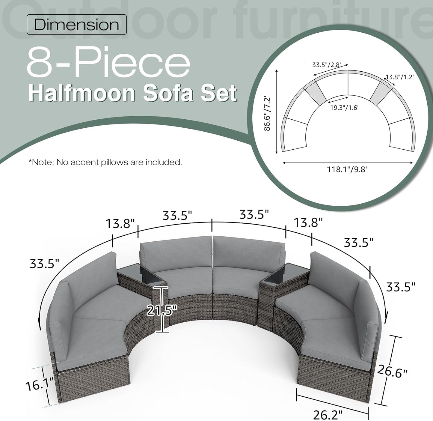 SUNSITT Outdoor Patio 8-Piece Half Moon Curved Furniture Sofa Set Grey Wicker Sectional Sofa Grey Cushions with 2 Side Table