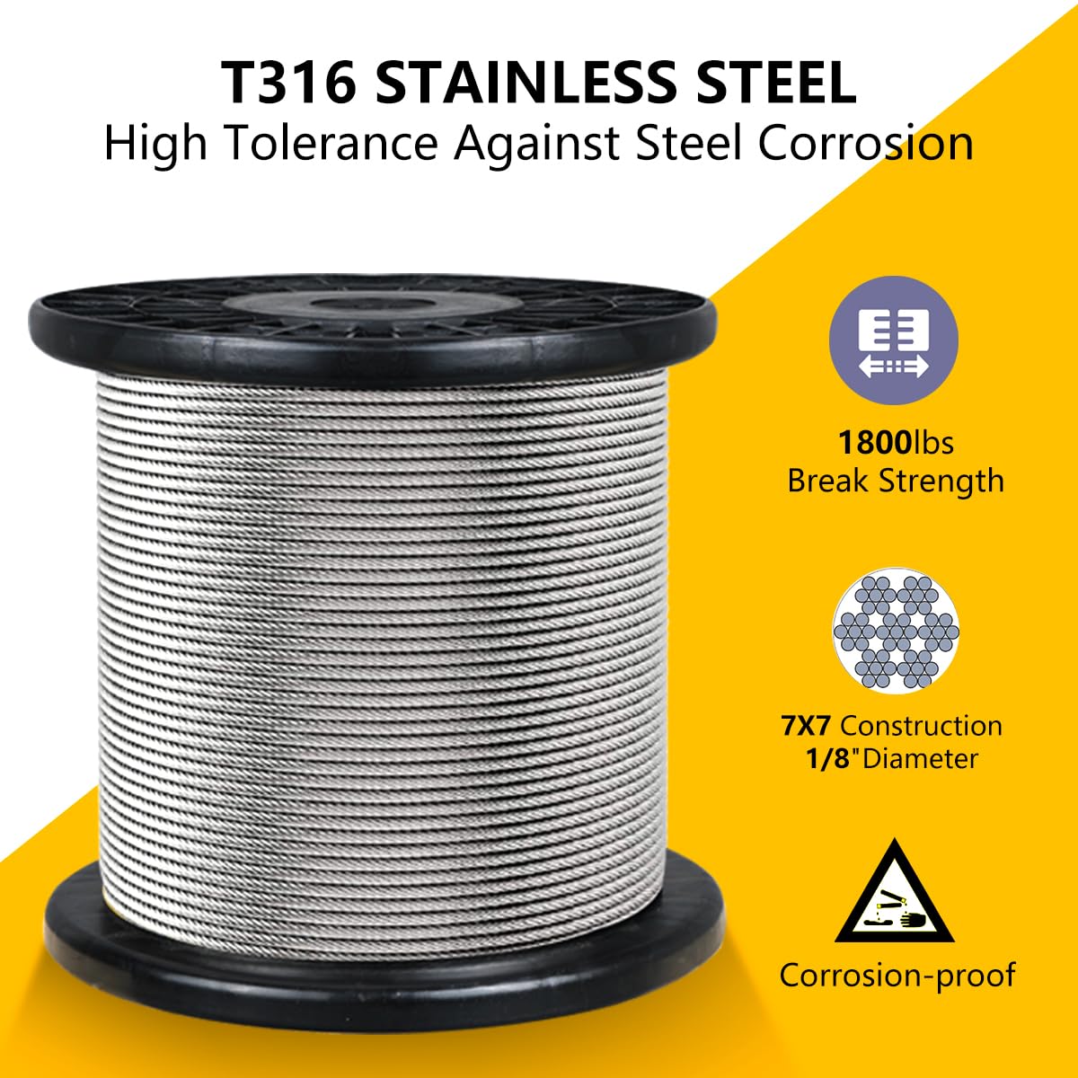 400FT 1/8" T316 Stainless Steel Cable with Cutter, 7x7 Strands Aircraft Wire Rope for Deck Railing, Stair Handrail, Porch Fence, High Strength for Indoor and Outdoor Use