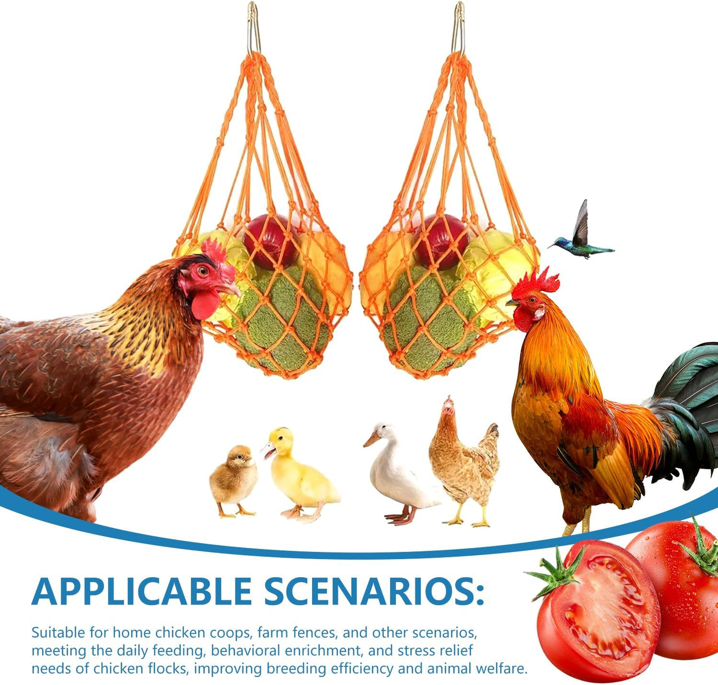 Chicken Vegetable String Bag ，Chicken Vegetable Hanging Feeder, Chicken Toy Vegetable Rack in Chicken Cage, Poultry Fruit Rack, Chicken Cabbage Feeder with Hook 4 Sets