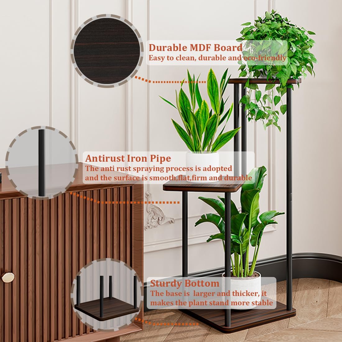 AZERPIAN 3 Tier Plant Stand Indoor Metal Plant Shelf for Multiple Plants Corner Flower Holders for Living Room Balcony Bedroom Patio Garden, Black (Black Oak, 3 tier)