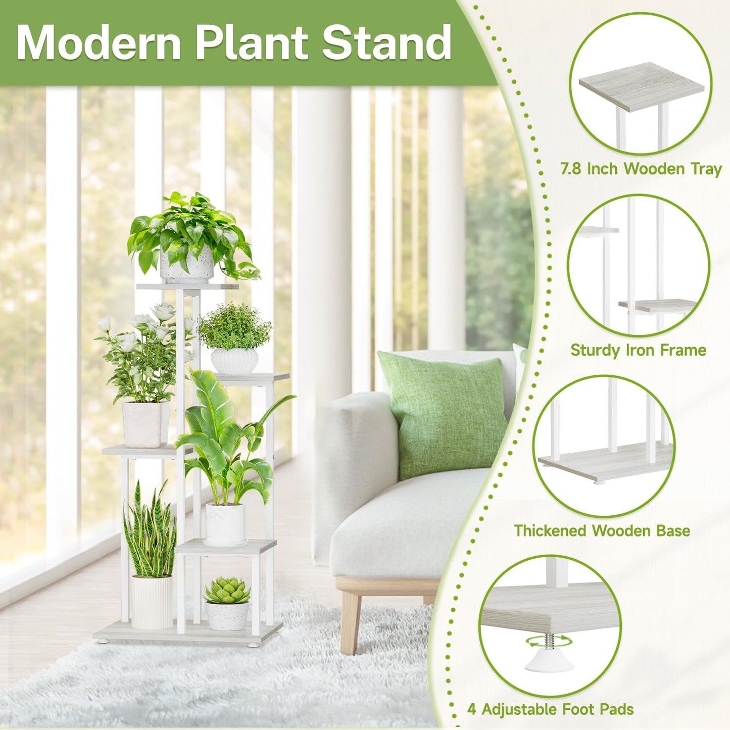 iDavosic.ly 5 Tier Plant Stand Indoor, Tiered Corner Plant Shelf for Multiple Plants, Metal Wood Tall Plant Display Rack Flower Holder for Patio Porch Garden Balcony Bedroom, White