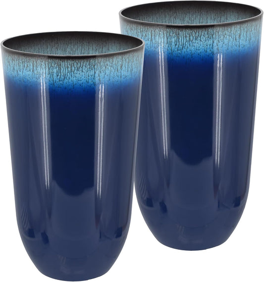 25.5-inch Tall Set of 2 Blue Large Plastic Planter Pots with Drainage Plug for Indoor or Outdoor Use, Decorative Lightweight Garden Flower Pot for Porch, Patio, Deck