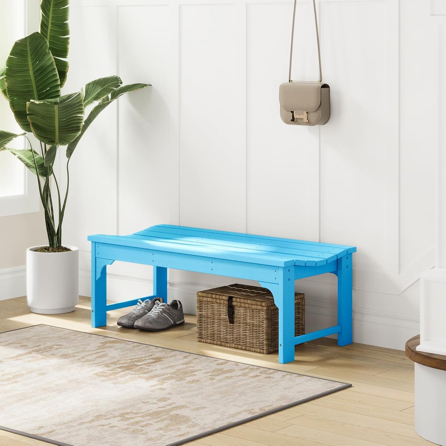 Outdoor Benches Weatherproof, All Weather Resistant Park Bench Poly Lumber Backless Garden Bench Seat for Entryway Front Porch, Pacific Blue