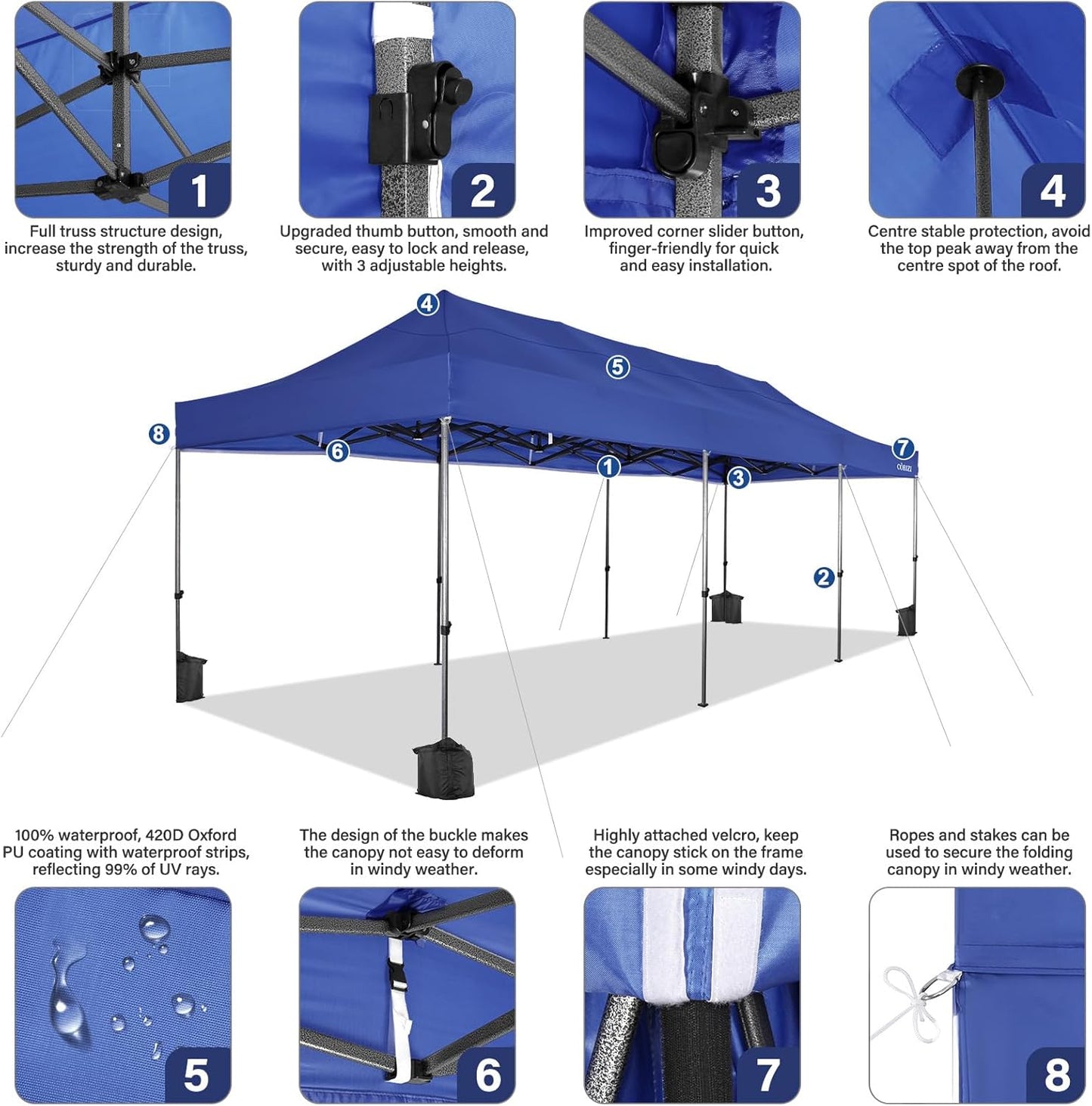 COBIZI 10x30 Pop up Canopy Heavy Duty with 8 Sidewalls, Easy Set-up Commercial Outdoor Party, 100% Waterproof Wedding Canopy Gazebo, 3 Height Adjustable with Wheeled Bag, Dark Blue