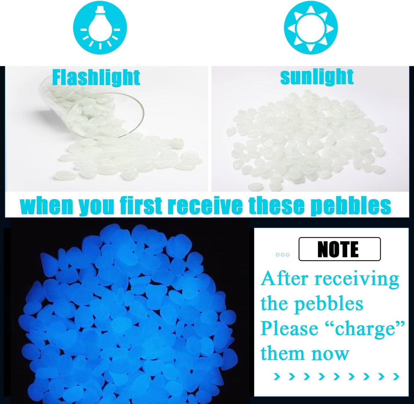 Oubest Glow in The Dark Pebbles/Glow Stones/Glowing Rocks Blue Decor for Garden/Fish Tank/Aquarium/Walkway/Driveway/Plant Pots/Bonsai (100, White)