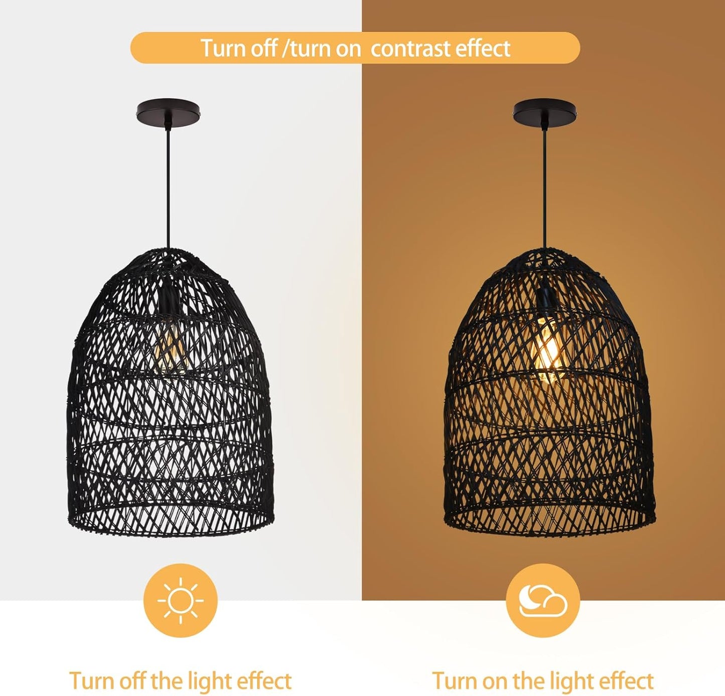 Arturesthome 1 Light Rustic Rattan Basket Pendant Light Boho Wicker Chandelier Coastal Handmade Crafts Lampshade, Farmhouse Hanging Ceiling Lighting for Dining Kitchen Island Black 13.75in*19.68in