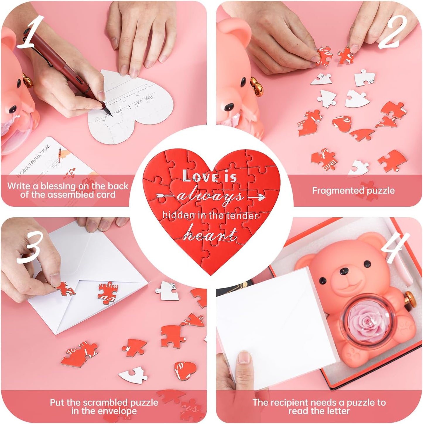 Cute Teddy Bear with Preserved Rose - A Real Rose Flower in Bear with Elegant Gift Box - Romantic Gift for Her in Mother's Day, Weddings, Anniversaries, and Bridal Showers (Pink)