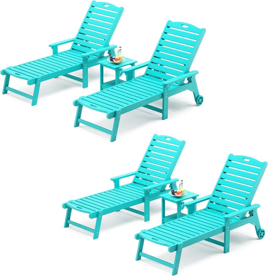 LUE BONA Chaise Lounge Chairs Set with Table, 6-Piece, 79'' Oversized HDPS Chaise Lounger, 5 Positions Adjustable Lounge Chairs, Pool Lounge Chair with Wheels for Poolside, 3 Year Warranty, Aruba Blue