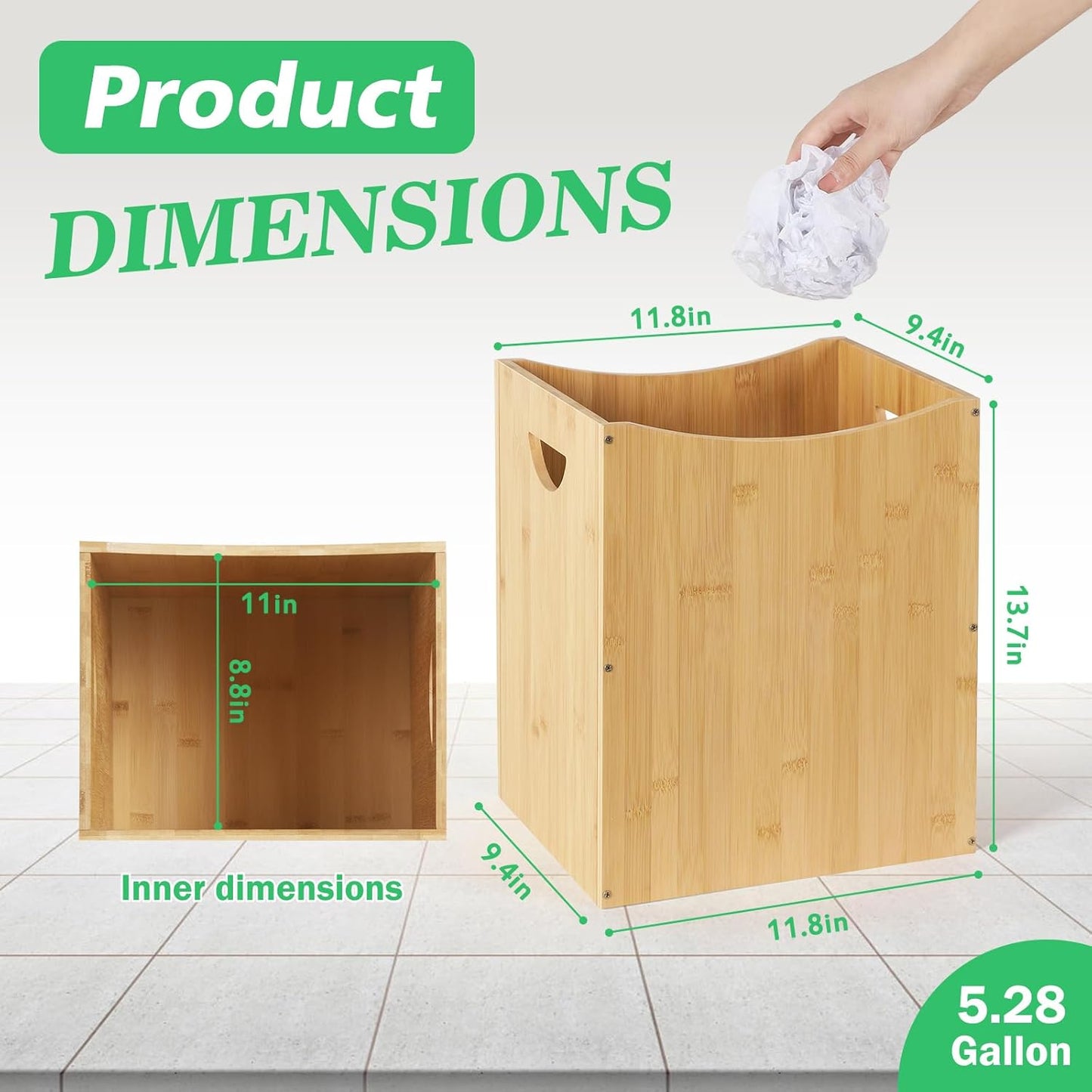 Trash Can Rectangular 5 Gallon Bamboo Waste Basket with Handles, Farmhouse Wastebaskets for Bathroom Office Trash Cans Square Bedroom Garbage Can Recycling Bin for Living Room Kitchen Under Counter