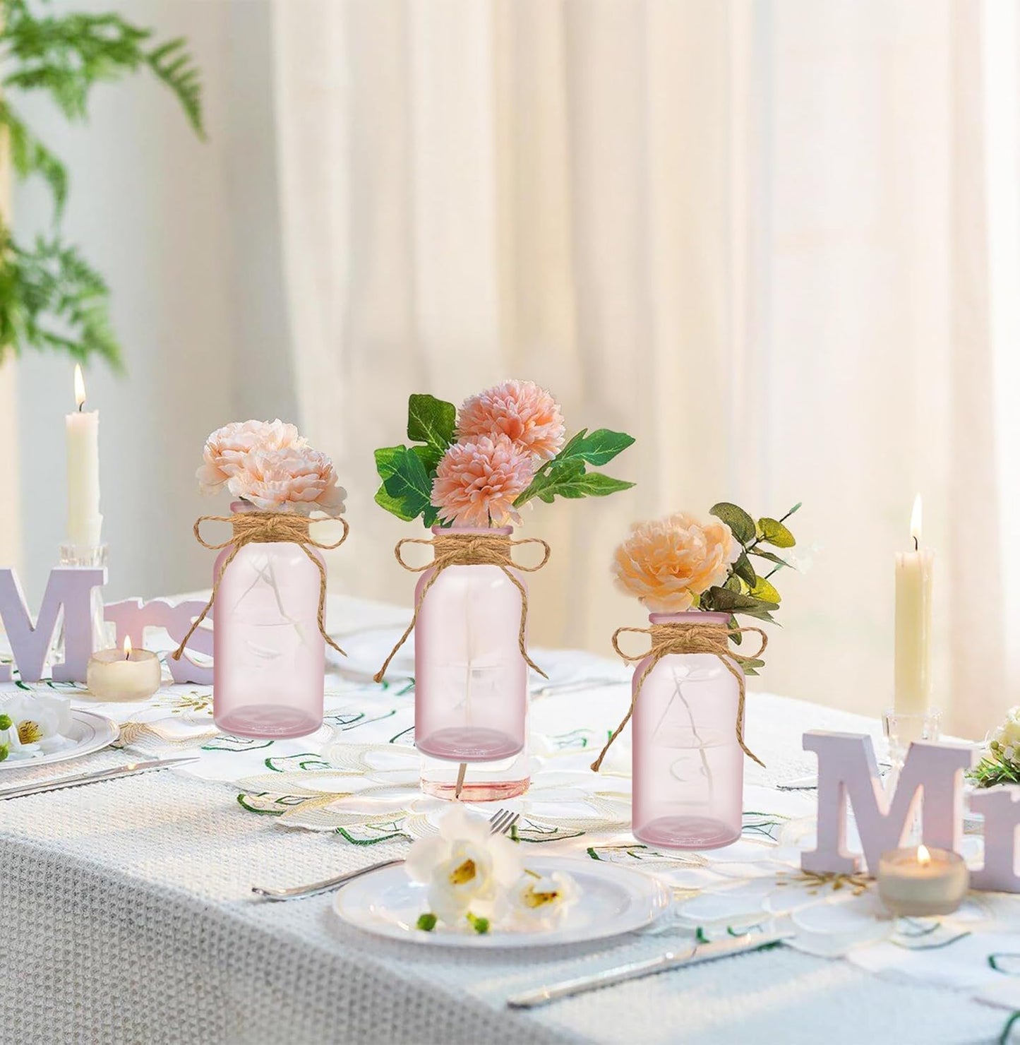 Vintage Glass Flower Vase，12 Pack Pink Farmhouse Glass Centerpiece Vases Mason Jars for Weddings, Parties & Home Decor Bulk (12, Pink)