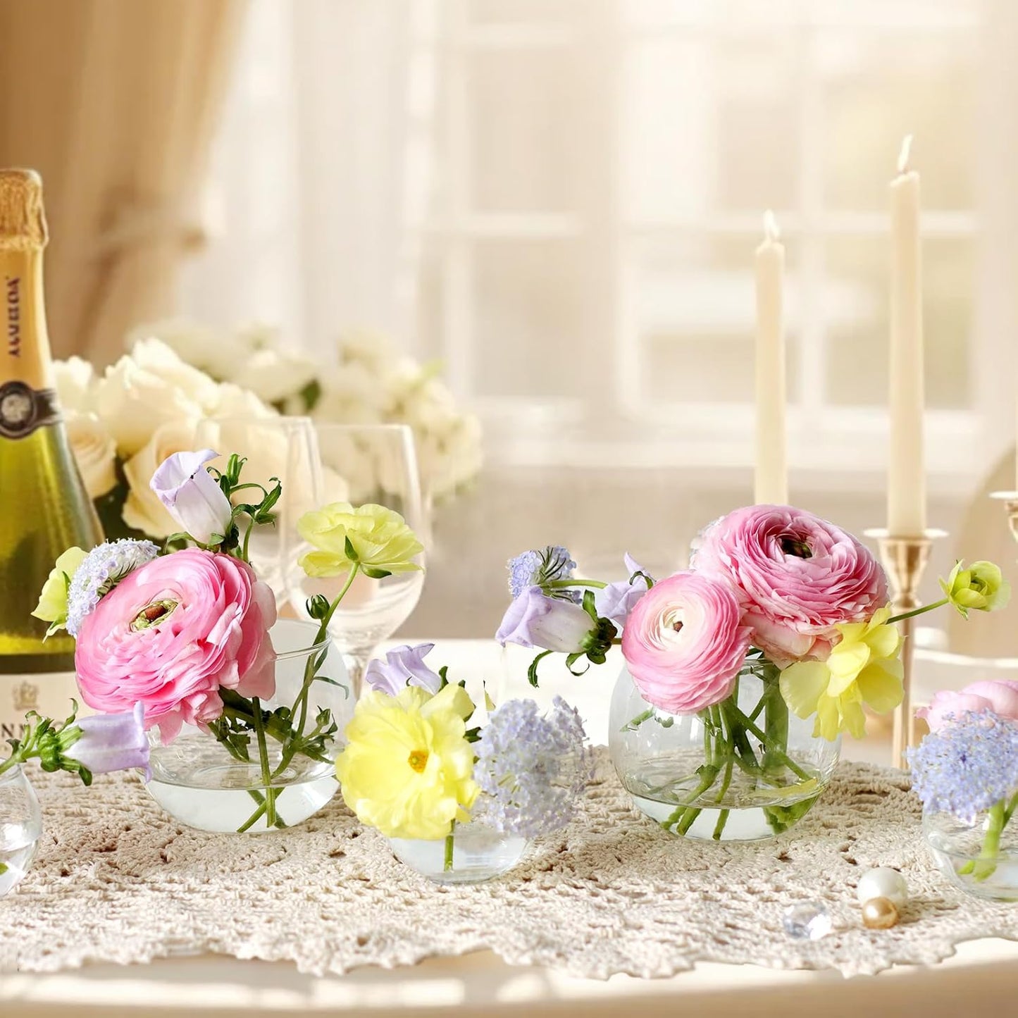 24 Pack Glass Bubble Vases,Small flower bud vases bulk,4"W x3"H Set of 12 Pcs Clear Bowl Vase,2.6"W x2.2"H Set of 12 Pcs Round Candle Holders,Mini Globe Vase Centerpiece for Wedding Party,Home Decor