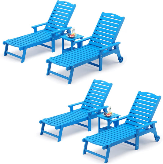 LUE BONA Chaise Lounge Chairs Set with Table, 6-Piece, 79'' Oversized HDPS Chaise Lounger, 5 Positions Adjustable Lounge Chairs, Pool Lounge Chair with Wheels for Poolside, 3 Year Warranty, Blue