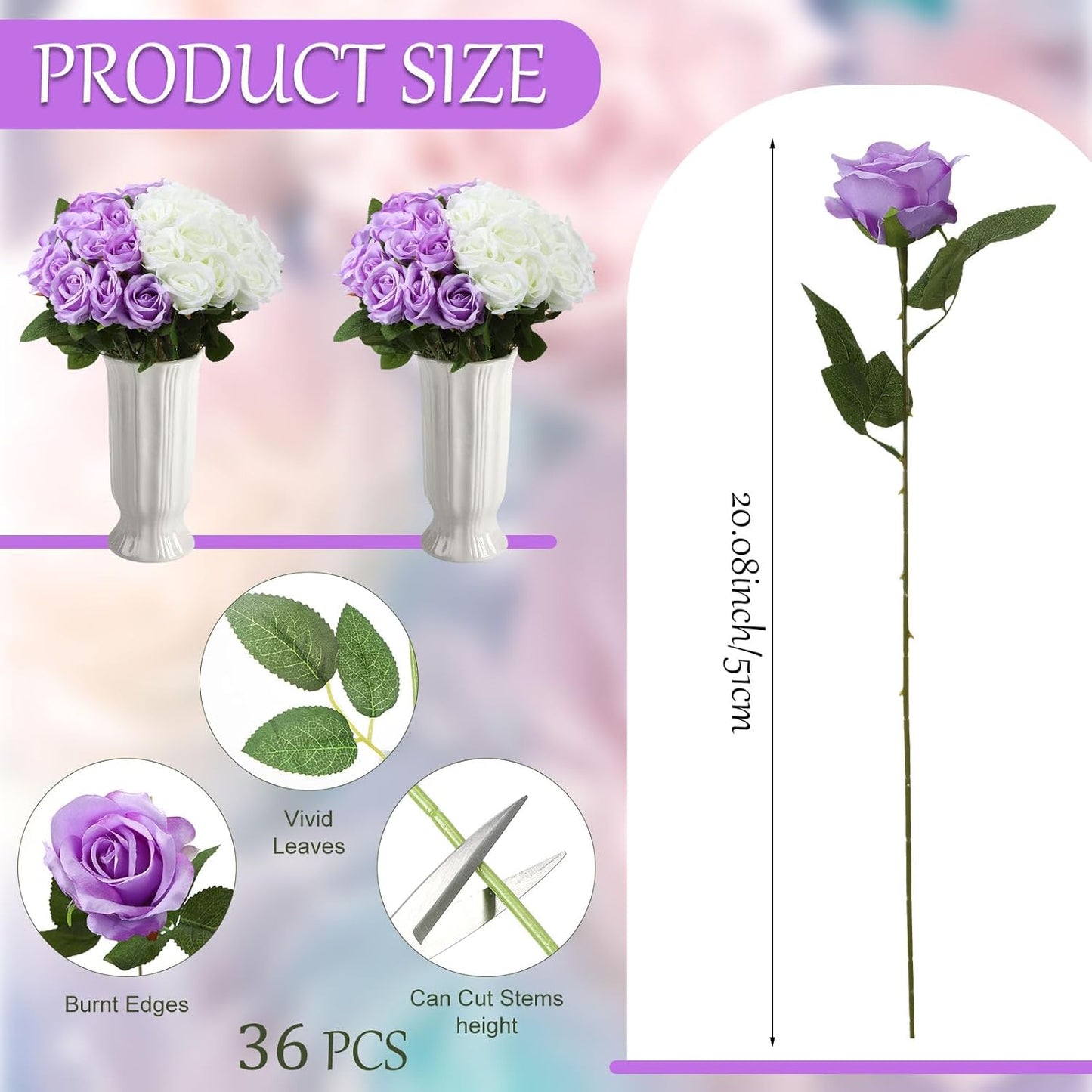 Hoemwarm 36 Pcs Silk Purple White Rose Bouquet Bridal Artificial Flowers,Fake Rose Long Stem Realistic Flowers Bulk for Wedding Bouquet Ball Arrangement Centerpiece Party Decor