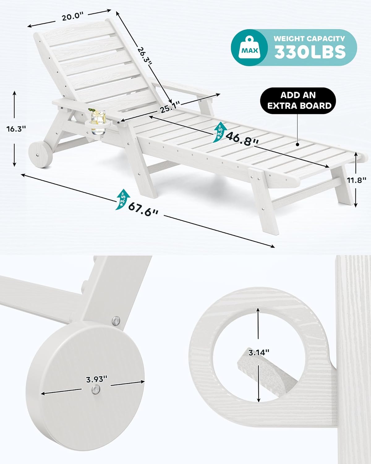 SERWALL Patio Chaise Lounge Chair Set of 4, 5 Positions Adjustable Poly Outdoor Lounge Chair for Pool, HDPE Lounge Chair with Rolling Wheels & Cup Holder for Poolside, Deck, White