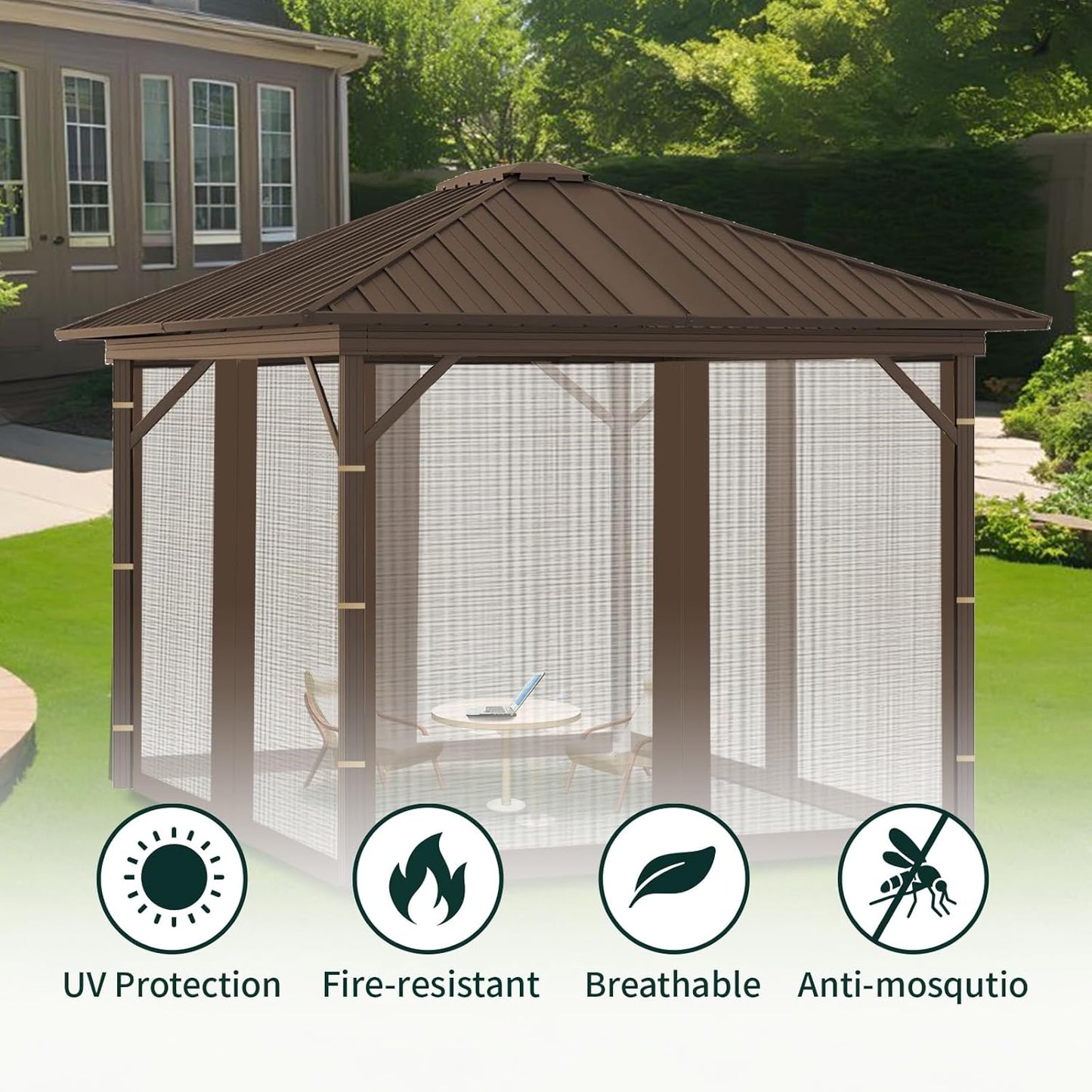 Replacement Gazebo Mosquito Netting 10' x 10',Universal Netting for Canopy Tent,4-Panel with Zipper for Outdoor Patio,Backyard (Mosquito Net Only,Brown)