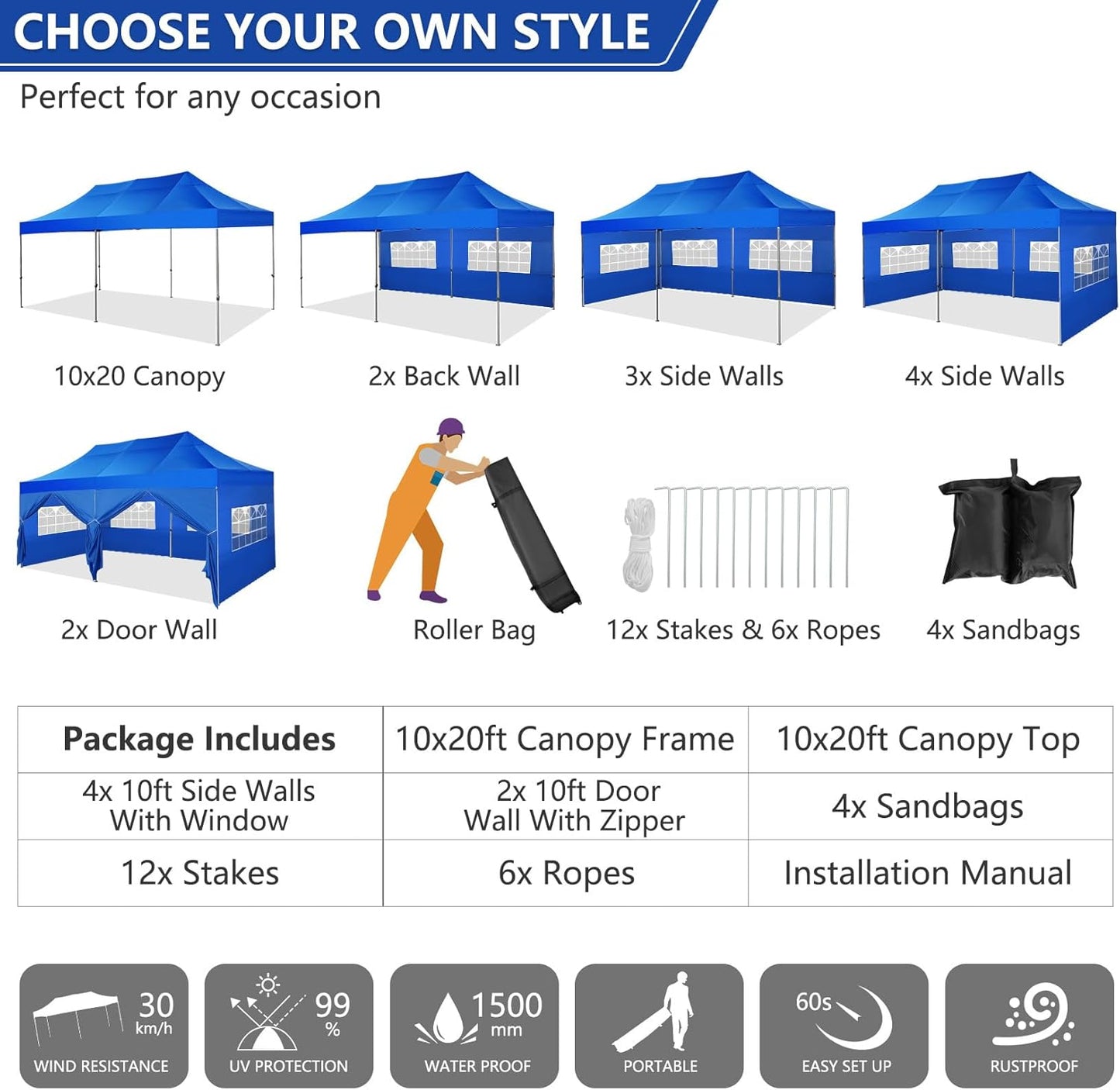 COBIZI 10x20 Pop up Canopy Tent Heavy Duty with 6 Sidewalls, Easy Set-up Commercial Outdoor Party Tent, 100% Waterproof Wedding Tent Gazebo, 3 Height Adjustable with Wheeled Bag, Blue