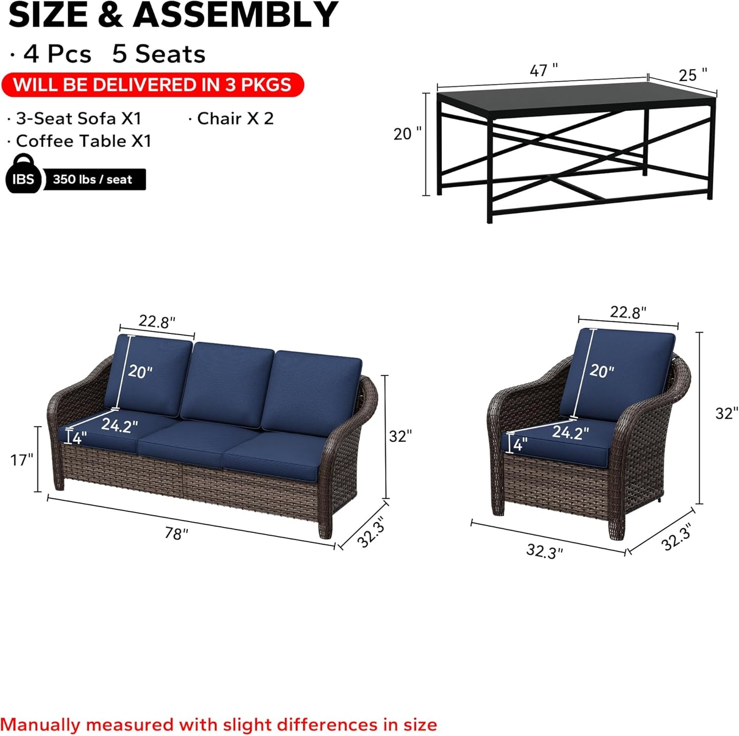 4 Pieces Patio Outdoor Conversation Furniture Set, 78" 3-Seat Couch, 2 Chairs, 47" Metal Coffee Table, Rattan Wicker Sofa with Washable Cushions for Garden, Deck (Navy Blue)