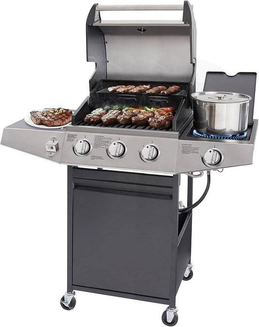 Unovivy 3-Burner Propane Gas Grill with Side Burner, Portable BBQ Grills with Oil Tray and Built-in Thermometer for Outdoor Barbecue, Camping, Patio, Backyard, 39,650 BTU