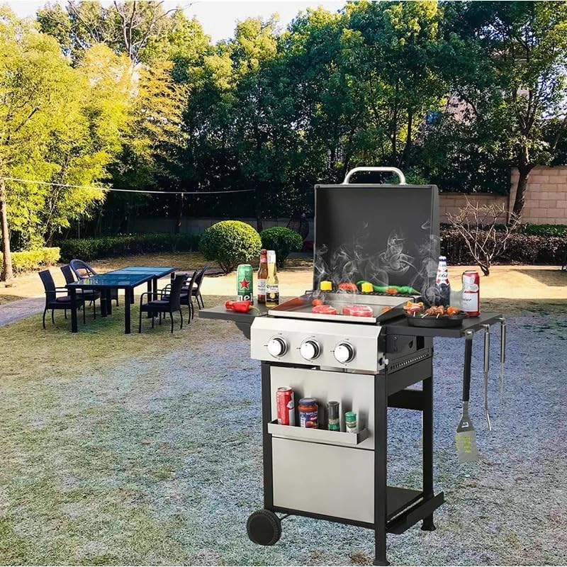 3-Burner Propane Gas Grill, 25,650 BTU Outdoor BBQ Grill with Stainless Steel Warming Rack, Enameled Cooking Grids, Built-in Thermometer & Foldable Side Tables - Portable Design with 6" Wheels