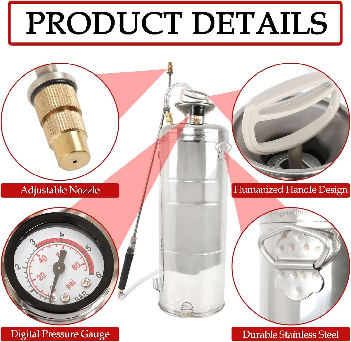 Hand Pump Sprayer Stainless Steel Sprayer for Indoor and Outdoor 3 Gallon Sprayer 20 in Wand 3 FT Hose