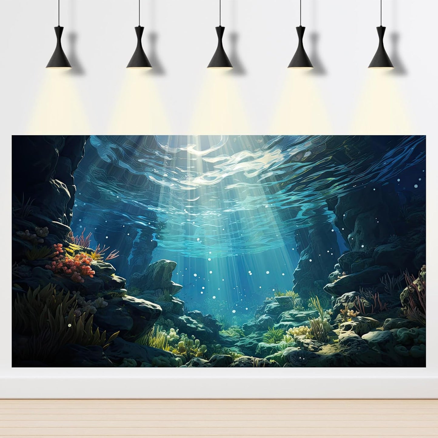 Underwater Aquarium Background Corals and Tropical Fish Terrarium Backdrop Rock Aquatic Plants Sunlight Rays Fish Tank Background Tank Aquarium Wallpaper Poster Decor 36x20in