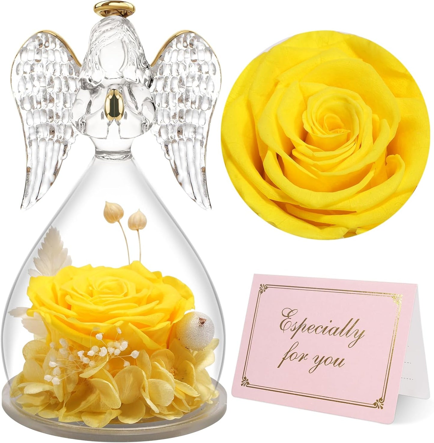 Yamonic Mom Birthday Gifts for Mom,Angel Figurines with Real Rose Gifts for Her Mom Grandma,Preserved Flowers Rose Angel Figurines for Mothers Day Christmas Anniversary Birthday Gifts for Wife(Yellow)
