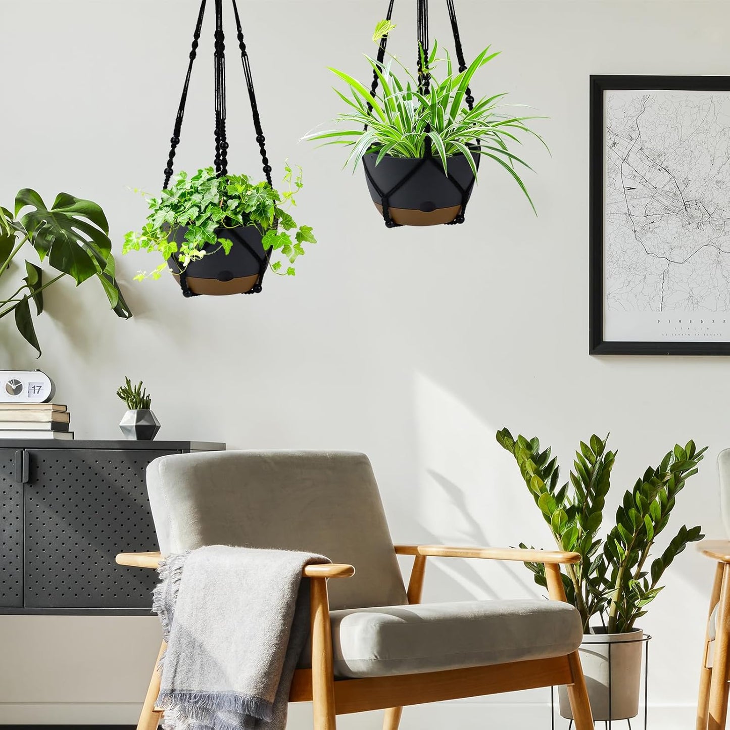 2 Pack Hanging Planters Set,10 Inch Indoor Outdoor Hanging Plant Pot Basket,Hanging Flower Pot with Drainage Hole with 3 Hooks for Garden Home… (Black Hanger Black Planters)