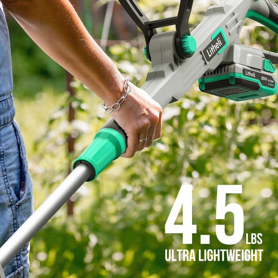 Litheli 20V 12" Cordless String Trimmer/Wheeled Edger, Battery Powered Weed Wacker with Auto Line Feed for Lawn Trimming/Edging, with 2.0Ah Battery and Charger Included