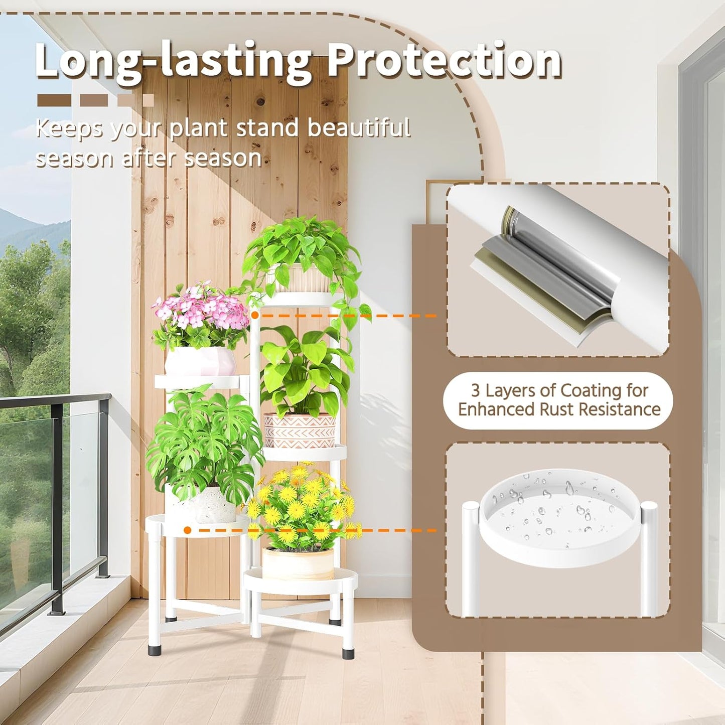 LASZOLA 5 Tiered Folding Plant Stand Indoor for Multiple Large Planter, Tall Heavy Duty Adjustable Rack with Rust Proof 10 Inch Wide Tray, Sturdy Vertical Tree Organizer for Narrow Inside Floor, White