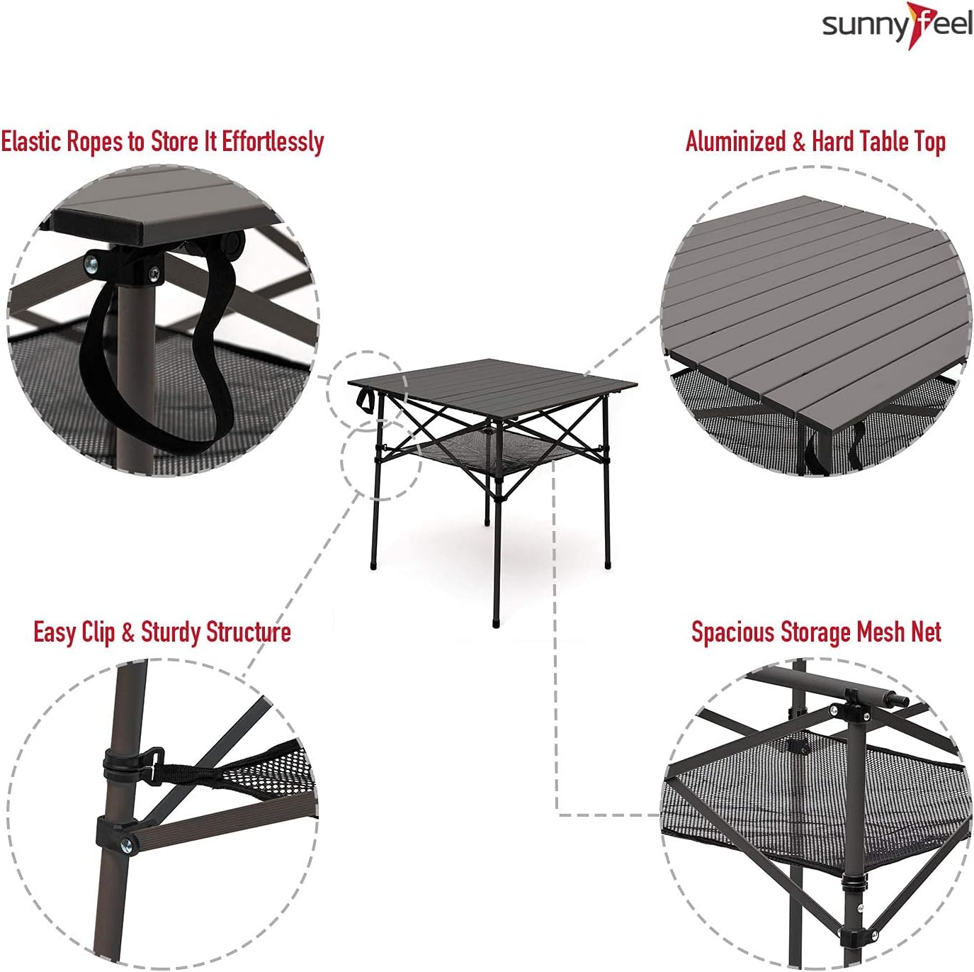 SUNNYFEEL Outdoor Folding Table | Lightweight Compact Aluminum Camping Table, Roll Up Top 4 People Portable Camp Square Tables with Carry Bag for Picnic/Cooking/Beach/Travel/BBQ