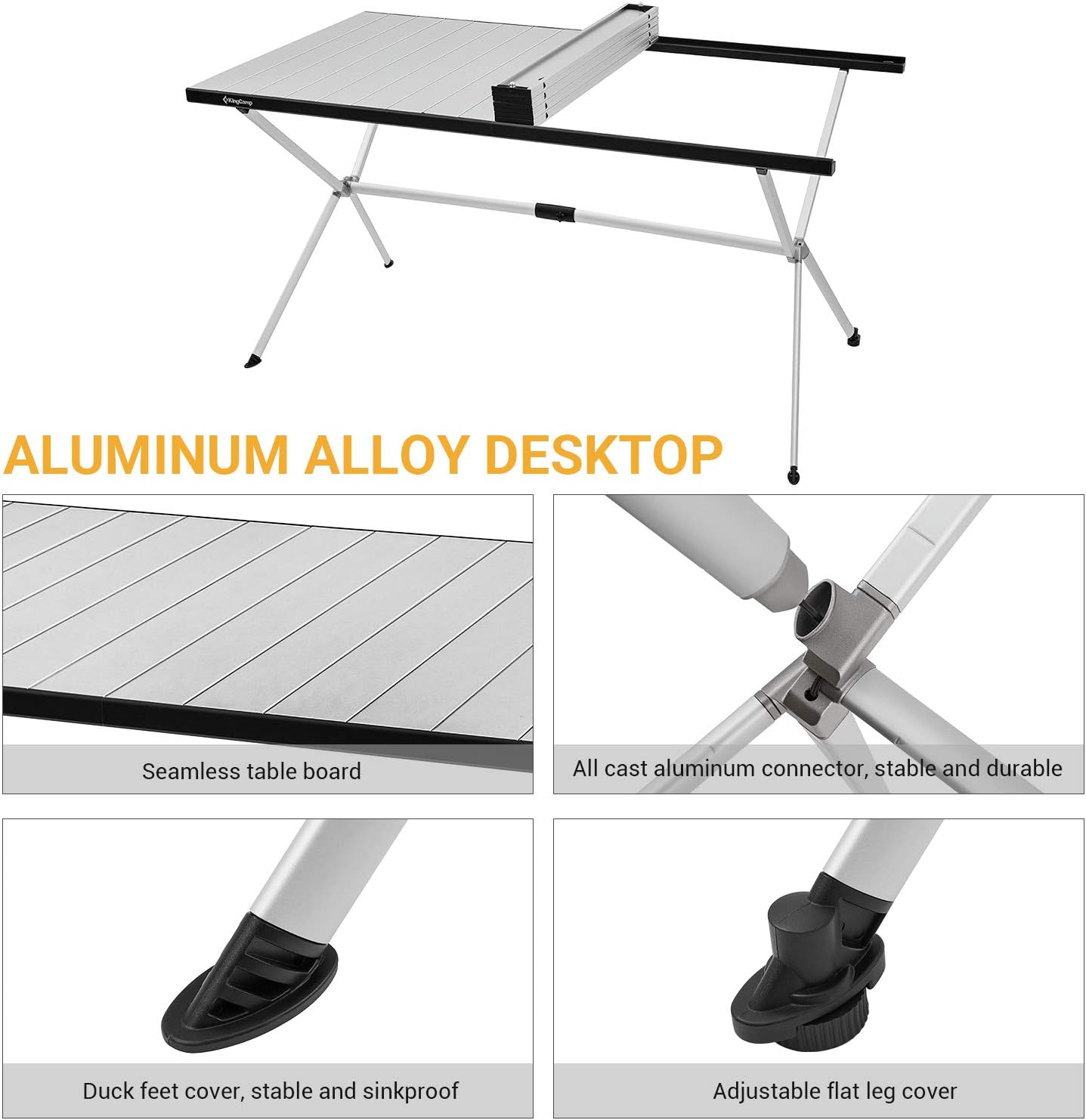 KingCamp Folding Camping Table Aluminum Roll Up Table Oversized Large Camp Table Stable Portable Outdoor Folding Table for Picnic Camping Barbecue Backyard Party,57.4''×31.4''4-6 Person,Support 176lbs