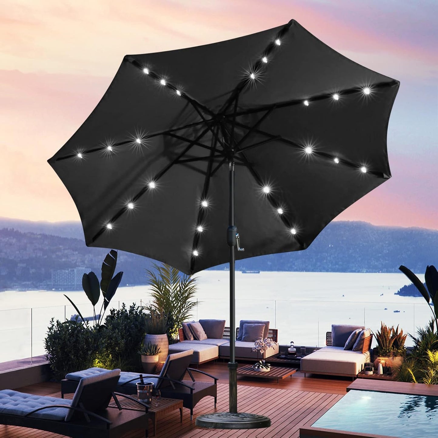 Sunnyglade 9' Solar LED Lighted Patio Umbrella with 8 Ribs/Tilt Adjustment and Crank Lift System (Black)