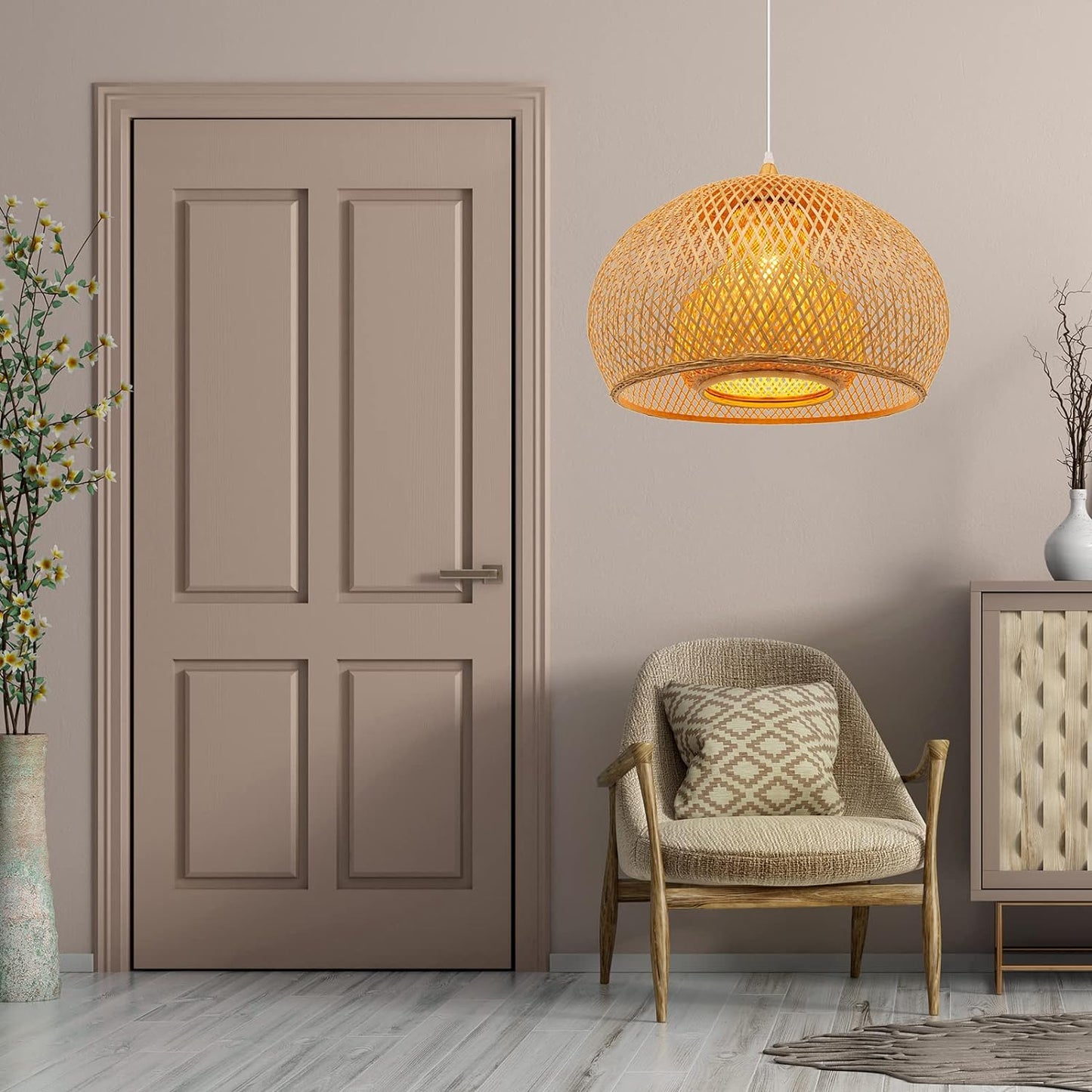 Arturesthome 23.6" Weaving Bamboo Pendant Light for Kitchen Island, Wicker Chandelier, Handmade Woven Hanging Ceiling Light Lampshade for Living Room Bedroom