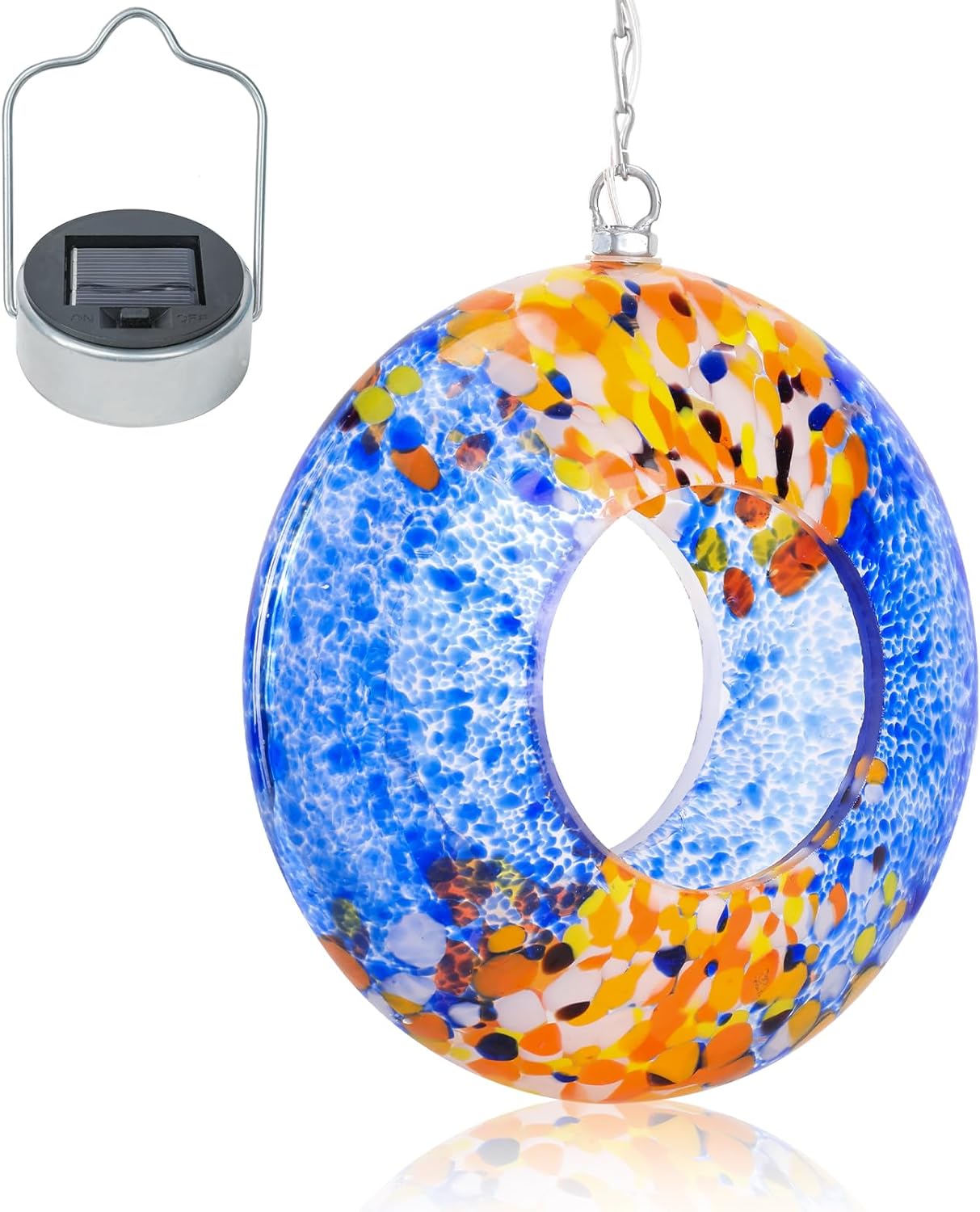 VCUTEKA Bird Feeder Solar Fly Through Bird Feeders for Outside Hanging with Round Shape Glass Container to Attract Wild Birds for Garden Decor, Solar Birdfeeder as Gift for Lovers, Multi 8-Inch