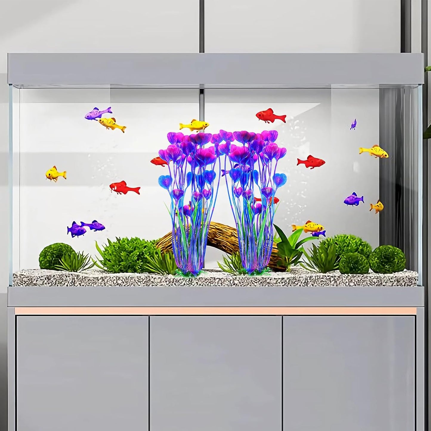 AQUANEAT Artificial Fish Tank Plants, Plastic Aquarium Accessories Large, 15.5 inch Purple Decorations, 2pcs
