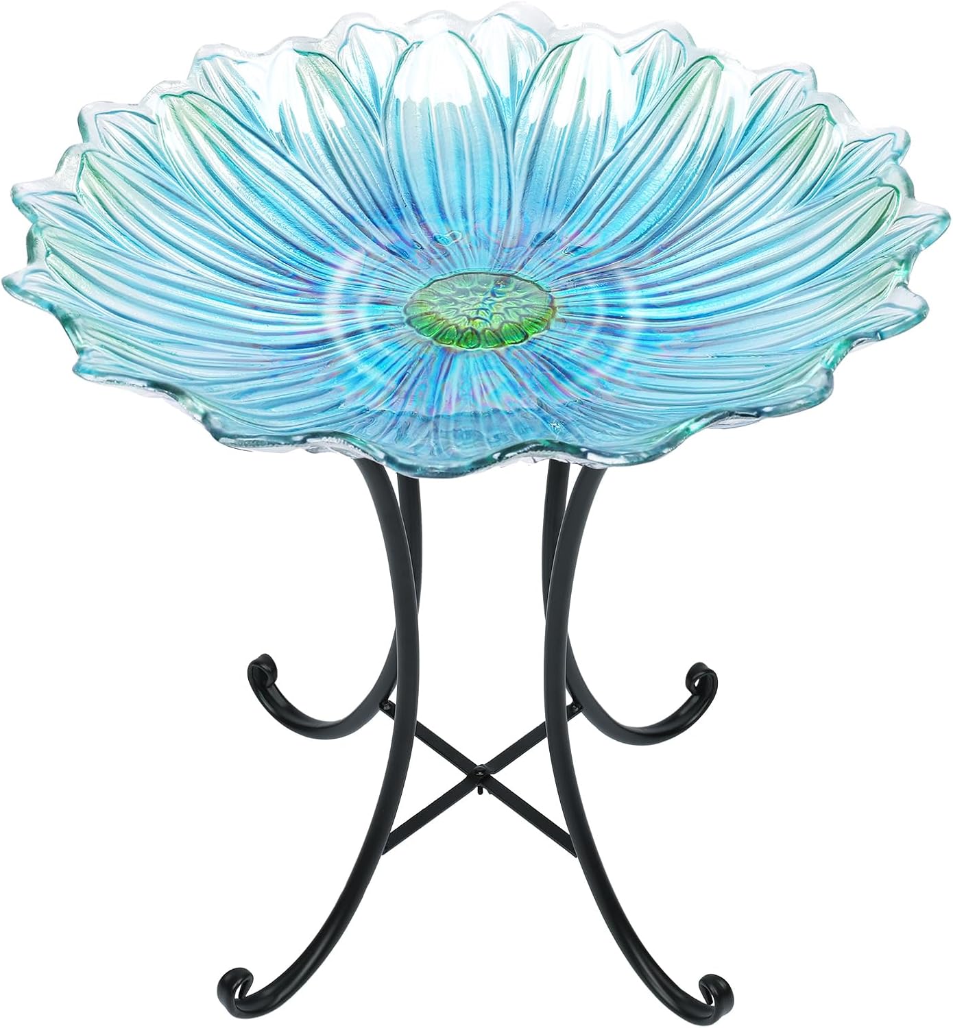 MUMTOP Outdoor Glass Birdbath with Metal Stand for Outside Yard Garden Decor, 18 inch Diameter Blue Bird Baths Bowl for Outdoors, 21 inch Height