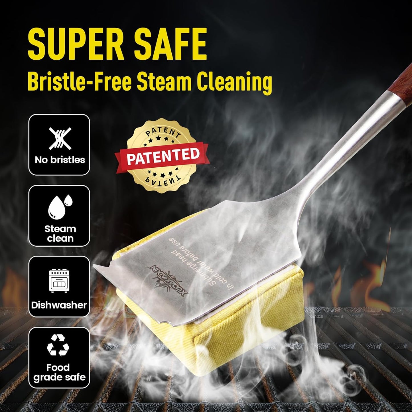 Bristle-Free Steam Grill Brush,with Extended Luxurious Rosewood Handle,Unique Seamless-Fit Scraper Tool,BBQ Replaceable Cleaning Head,Grill Cleaner for Outdoor Grill,Gifts for Men/Dad ﻿