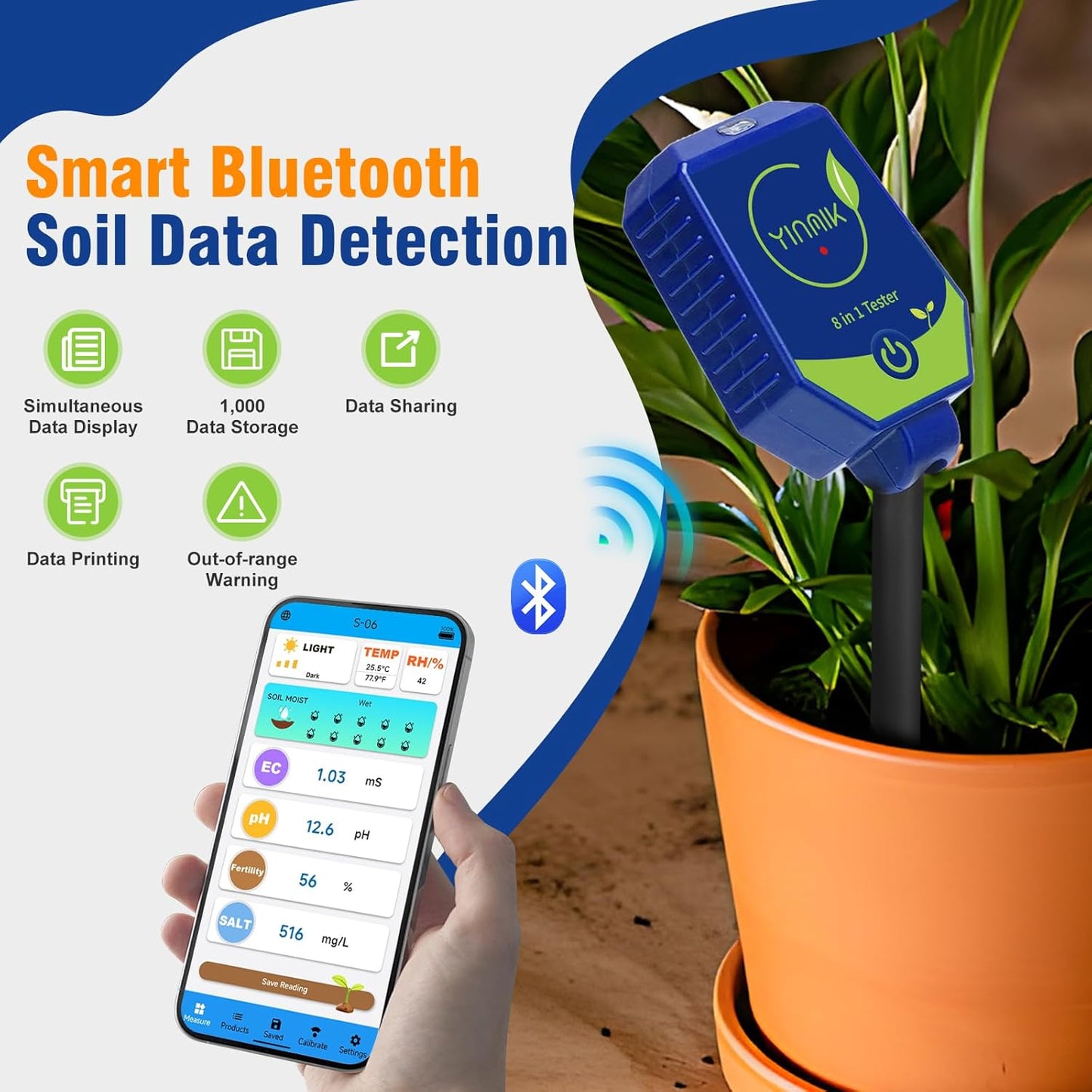 pH Moisture Meter Smart Soil Test Kit Garden pH Meter Hygrometer pH Conductivity Meter for Hydroponic 8 in 1 Farm pH Moisture pH Moisture EC Fertility Salt Sunlight Air Humidity Temp Tester