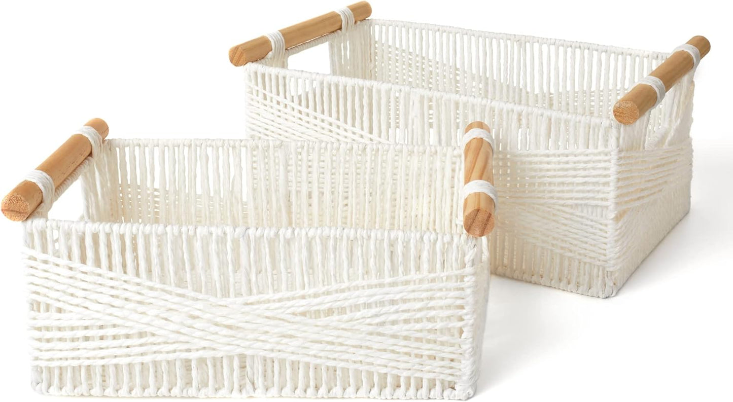 LA JOLIE MUSE Wicker Storage Baskets for Organizing, Recyclable Paper Rope Basket with Wood Handles, Decorative Hand Woven Basket Organizers for Makeup Books Shelves Living Room, White, Set of 2