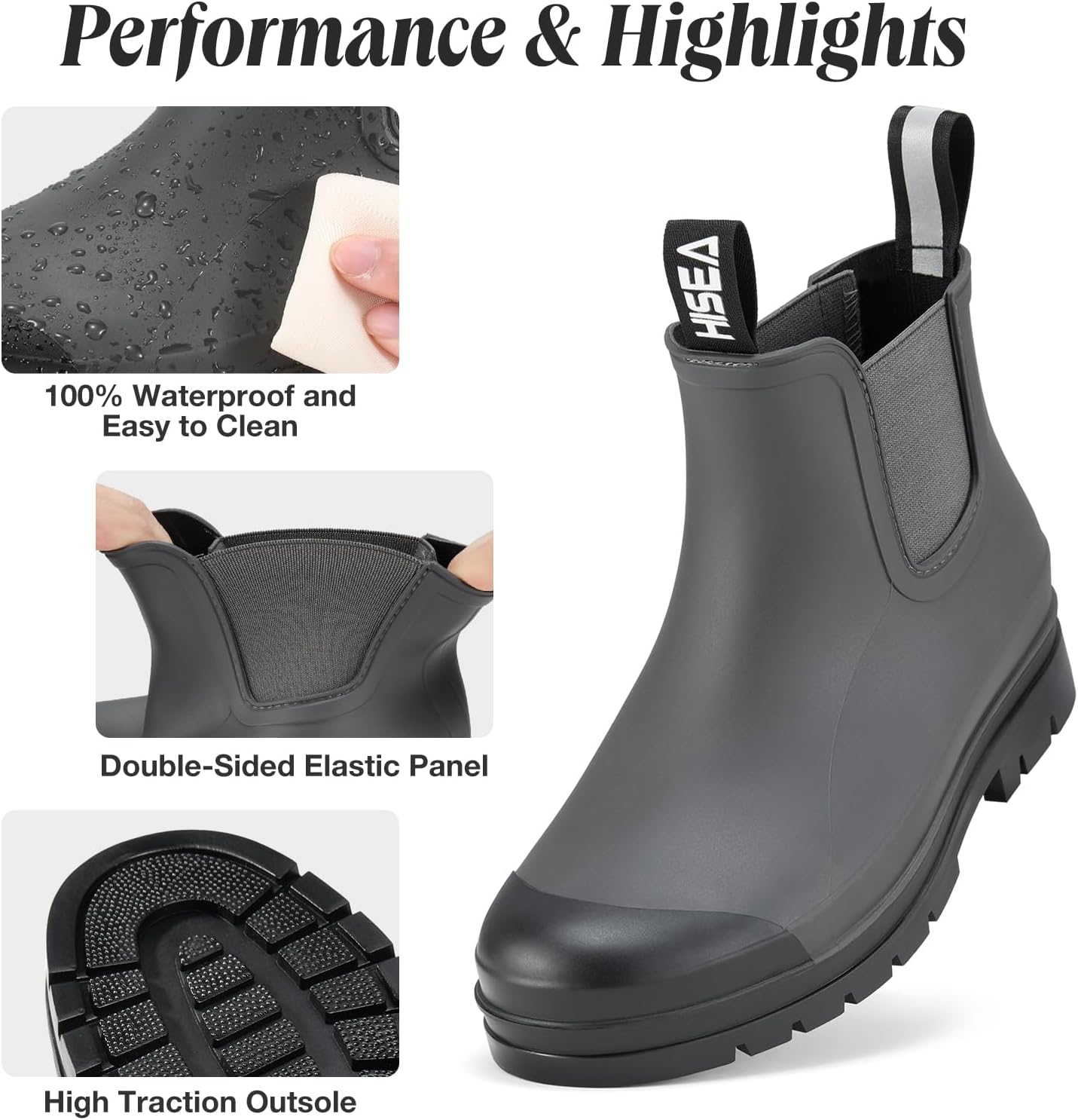 HISEA Women's Short Rain Boots Waterproof Garden Shoes Rubber Chelsea Boots Anti-Slipping Rainboots for Ladies with Comfort Insole Lightweight Stylish Ankle Rain Shoes Outdoor Work Booties