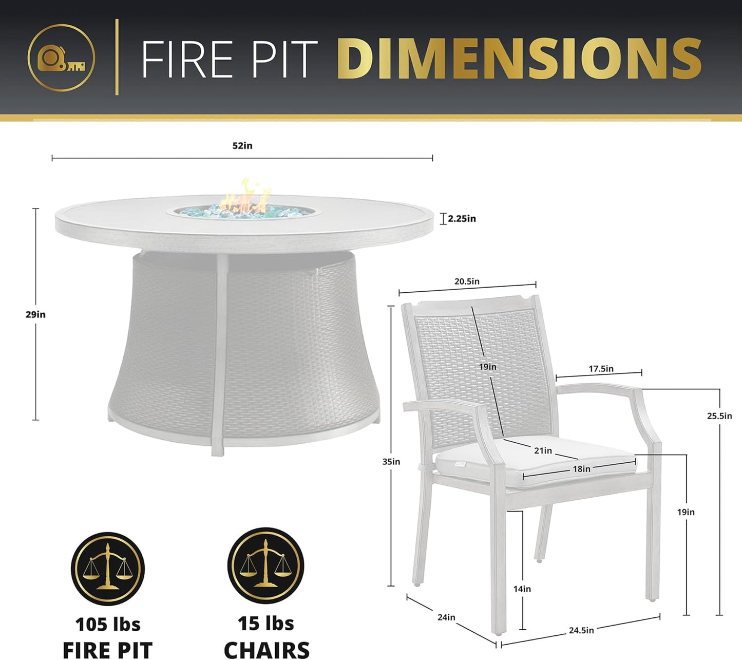 Mazatzal 7 Piece Wicker Patio Furniture Set with 52" Round Propane Gas Firepit Table, 6 Patio Chairs with Cushions, Outdoor Aluminum Conversation Set for Poolside, Backyard, CSA Certified, Gray