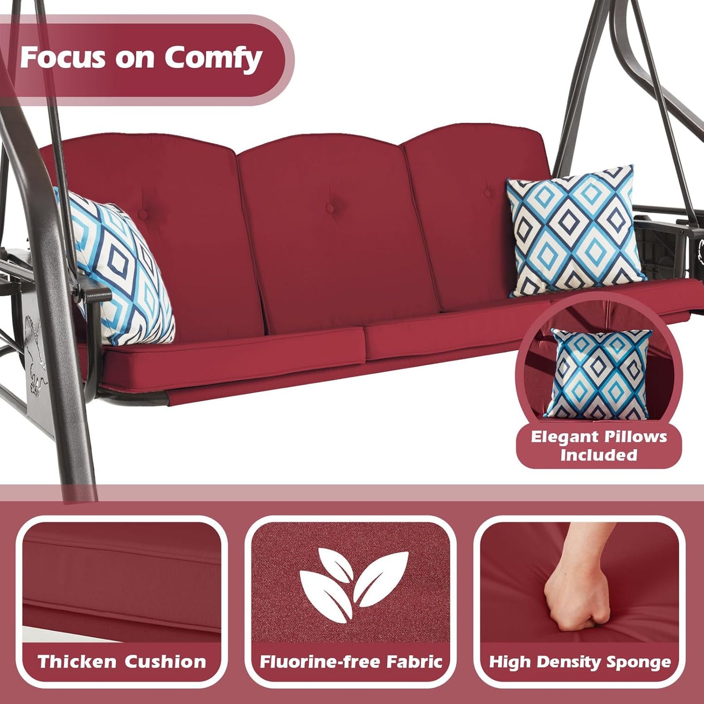 3-Seat Outdoor Porch Swing with Stand, Patio Swing with Canopy, 2 in 1 Porch Swing Bed & Patio Swing Chair for Adult w/Extra Pillows and Cup Holder for Yard (Wine Red)