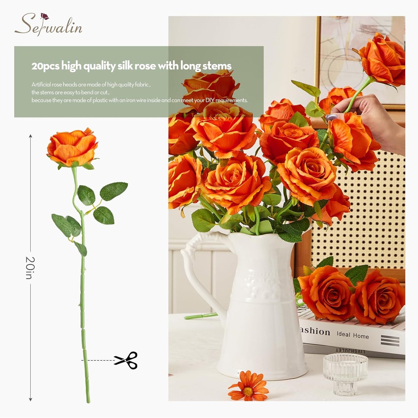 Serwalin 20pcs 4'' Big Orange Artificial Roses, Large Flower Head Silk Rose Velvet Real Touch, Fake Roses Long Stems Realistic Bouquet for Wedding, Table Centerpiece Home Decor