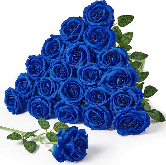 Serwalin 20pcs Artificial Roses, 4'' Big Flower Head, Blue Velvet Roses, Silk Fake Roses Long Stem Bouquet for and Wedding Arrangements Table Centerpiece