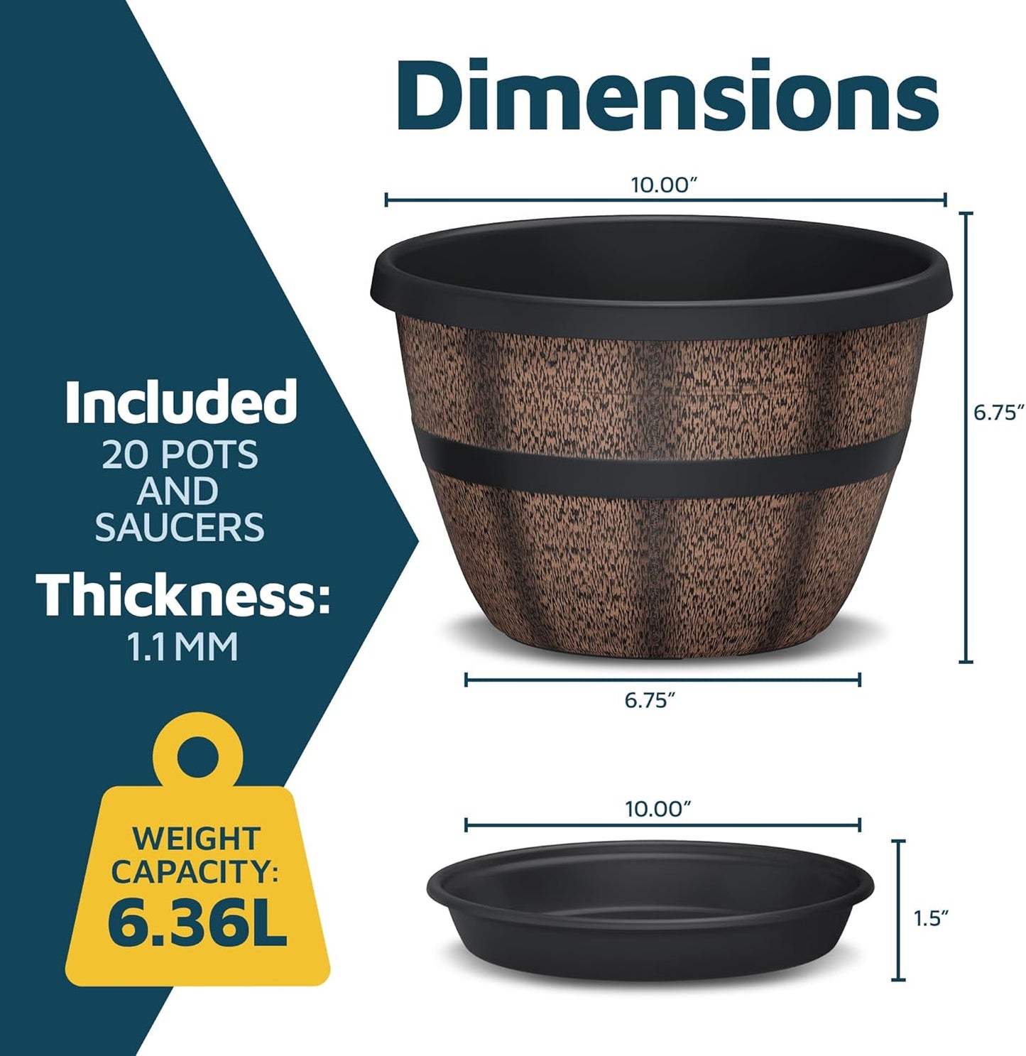 10-Inch Whiskey Barrel Planters Outdoor Pack of 20 - Durable Plastic Plant Pots for Indoor & Outdoor Use with Drainage & Saucer, Lightweight Rustic Barrel Planters for Flowers, Herbs & Small Plants