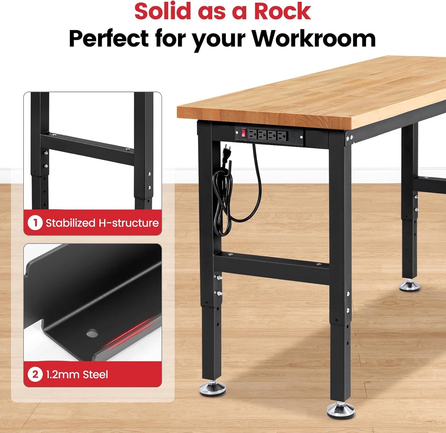 Work Bench for Garage Workbench with Pegboard Adjustable Height Work Table for Shop Woodworking, 48 x 20 Heavy Duty Rubber Wood Top for Office, Home, Commercial