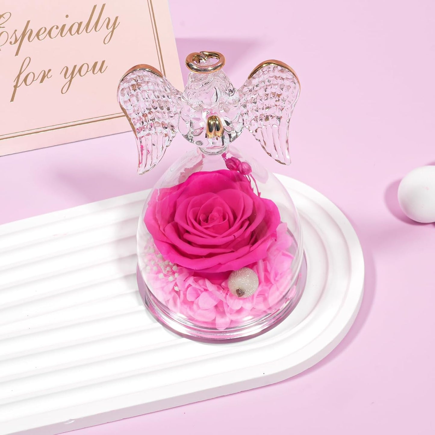 Yamonic Birthday Gifts for Mom,Christmas Angel Figurines with Real Rose Gifts for Her Mom Grandma,Preserved Flowers Rose Glass Angel Figurine for Mothers Day Christmas Birthday Gifts for Her(Hotpink)
